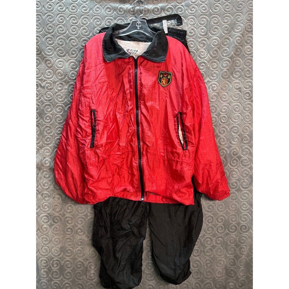 VTG Active Stuff Red Black Tracksuit Set Jacket Pants 2XL Nylon Track‎ Suit
